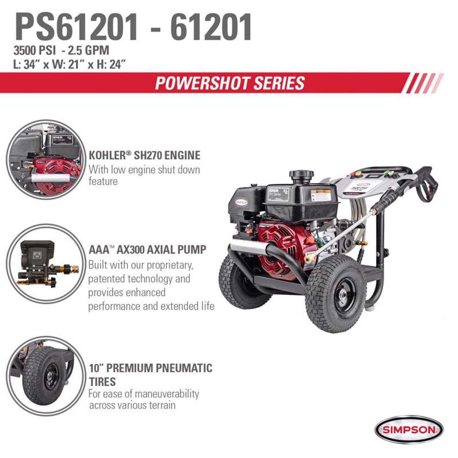 Simpson Powershot PS61201 Kohler 3500 psi Gas 2.5 gpm Pressure Washer