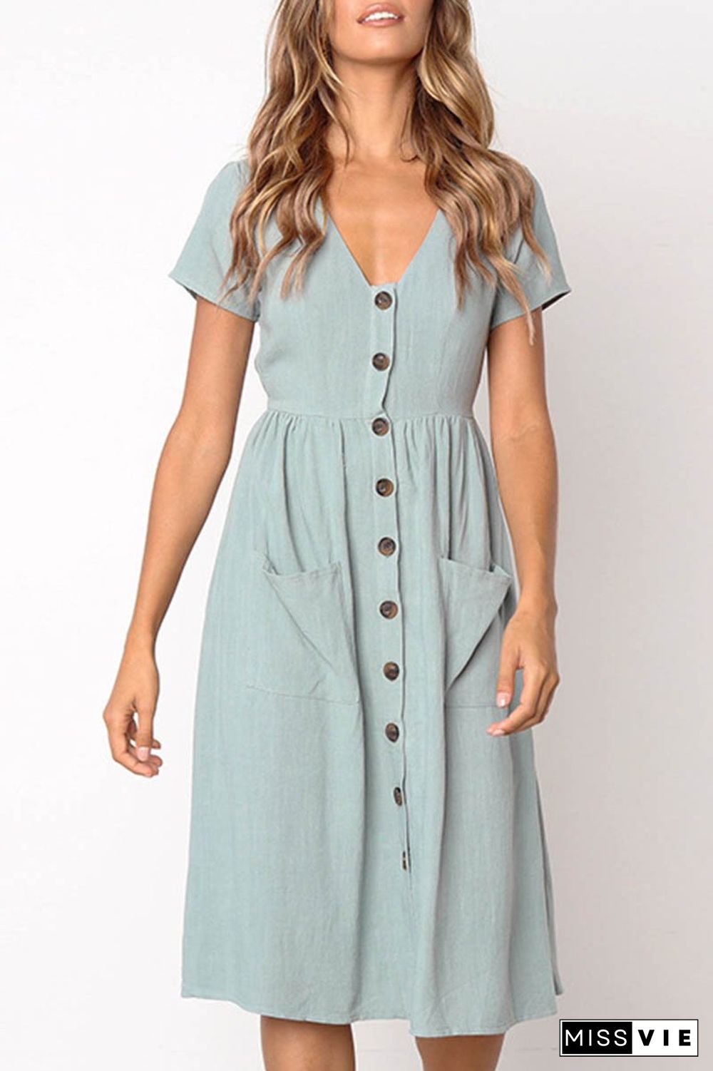 V-Neck Pocket Midi Dress(4 Colors)