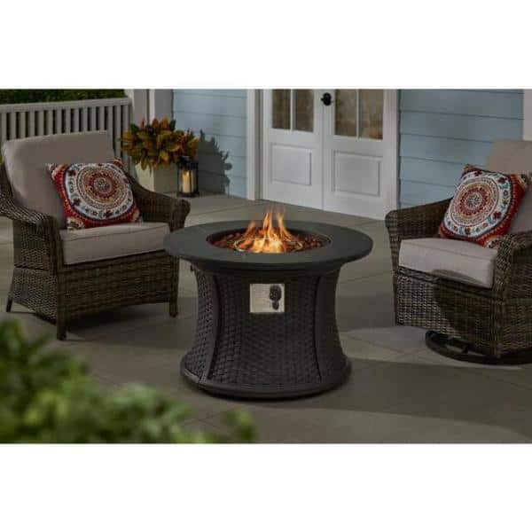 Hampton Bay 35.2 in. W x 24 in. H Round Wicker Finish Fire Table with Sintered Stone Tabletop FP58031-B