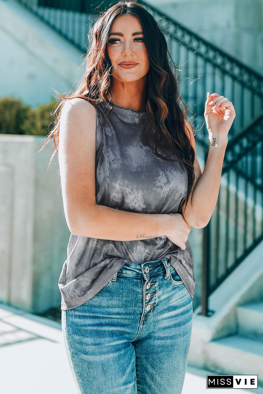 Gray Tie Dye Print Seamed Crew Neck Tank Top