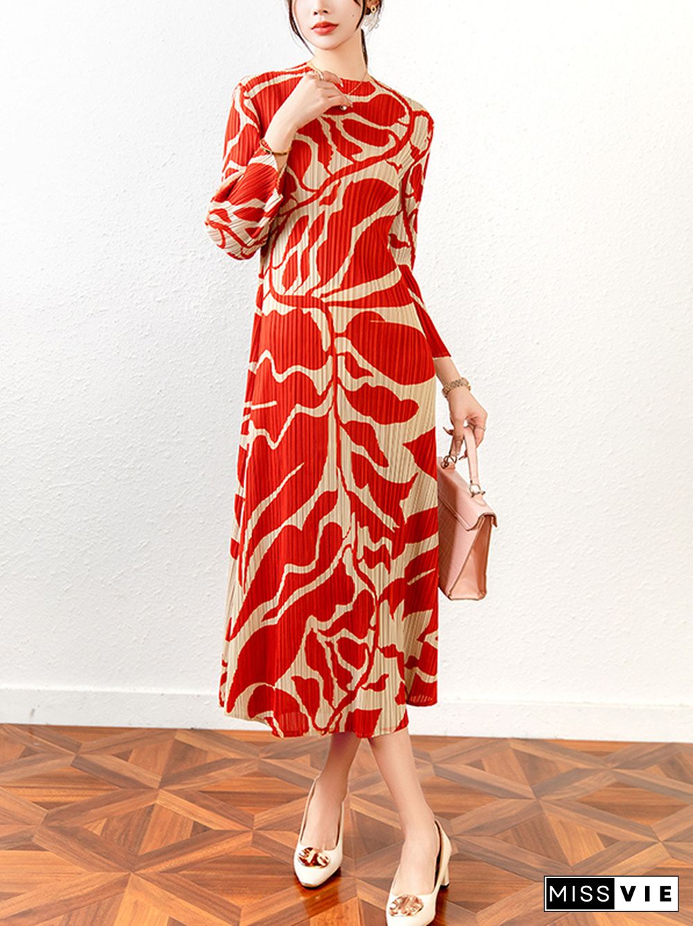 Fashion Floral Printed Pleated Long Sleeves Midi Dress