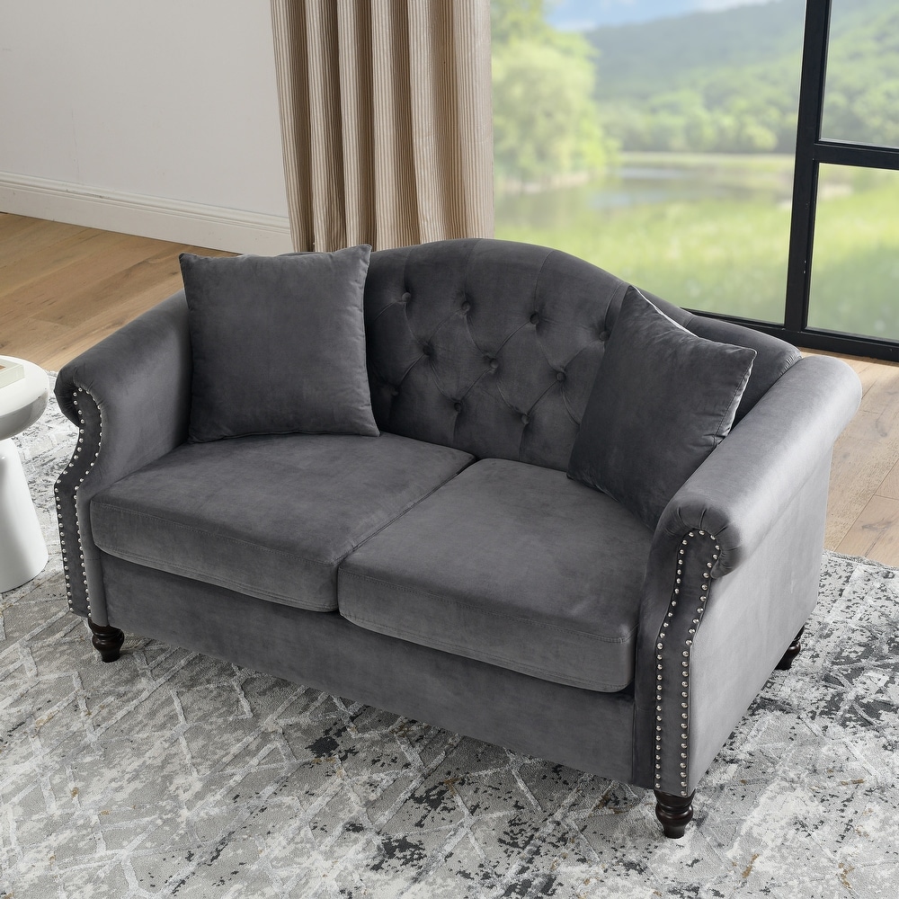 Classic Chesterfield Velvet Sofa Set with Pillows (3 Seater + Loveseat)