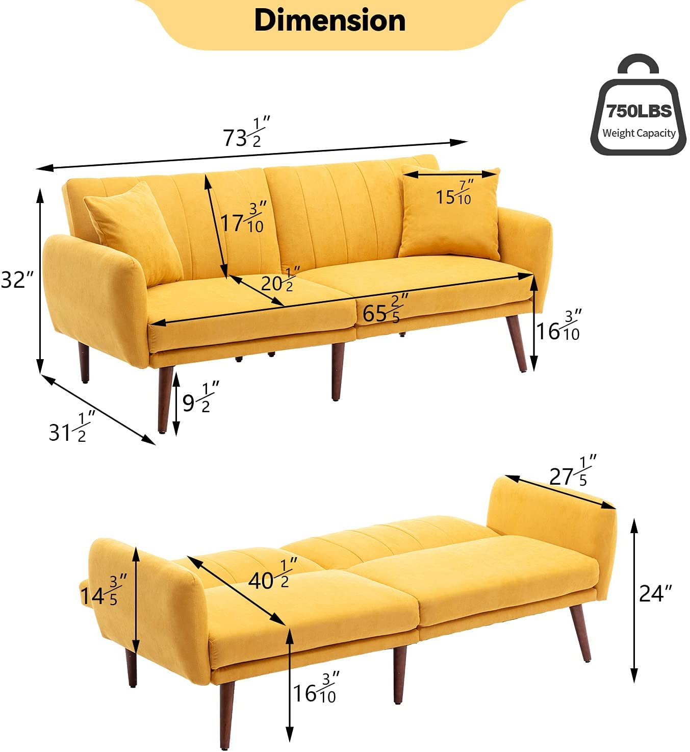 Vicluke Convertible Futon Sofa Bed, Modern Linen Split-Back Folding Sleeper Sofa Couches with Adjustable Backrest, Armrest, Wooden Frame & Leg for Living Room, Apartment, Hotel(Yellow)