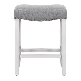 WESTIN OUTDOOR Jameson 24 in. Antique White Backless Wood Counter Stool with Gray Linen Seat (Set of 2) ID401-24-AW-GY-2