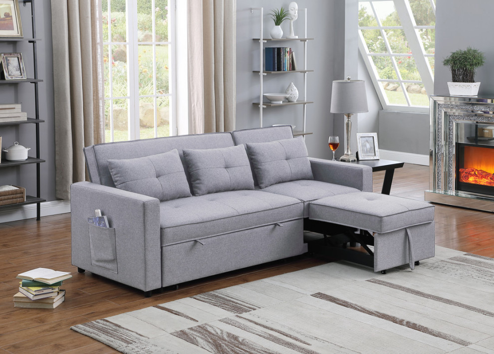 Zoey Linen Convertible Sleeper Sofa With Side Pocket   Transitional   Sleeper Sofas   by Lilola Home  Houzz