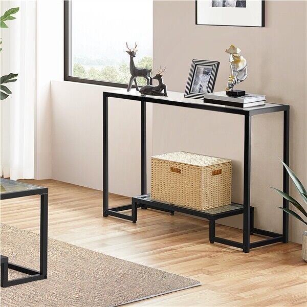 Modern 2-Layer Tempered Glass Console Table for Entryway Hallway Porch Kitchen