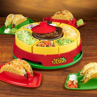 TACO TUESDAY Taco Tuesday Red Heated Lazy Susan Toppings Bar 20-Oz. Warming Pot With 4 Tortilla Holders TTLSTB10