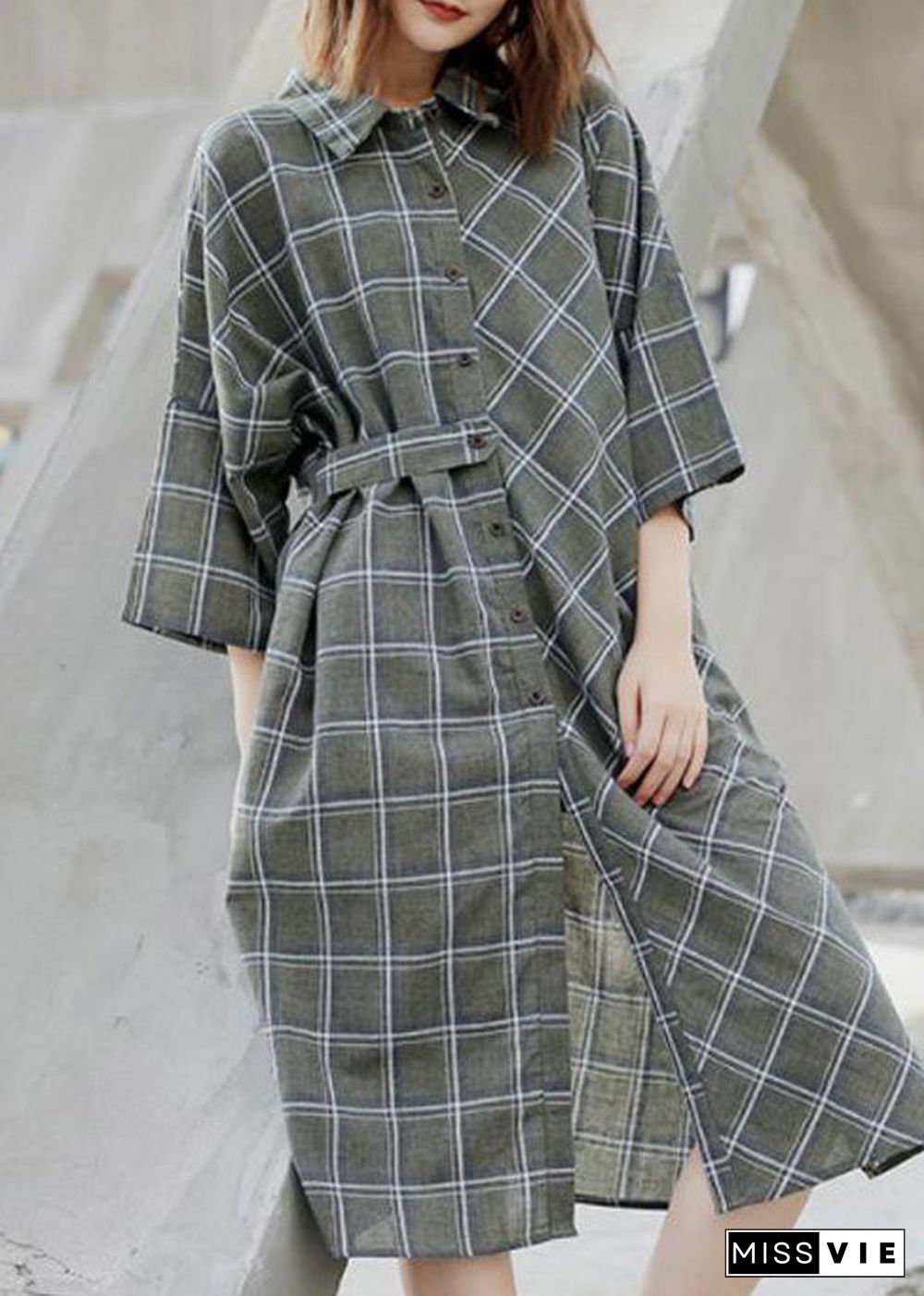 Women Spring Casual Plaid Cardigan Shirt Dress