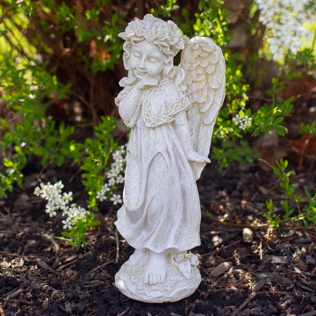 Ivory Standing Angel With Floral Crown Outdoor Garden Statue