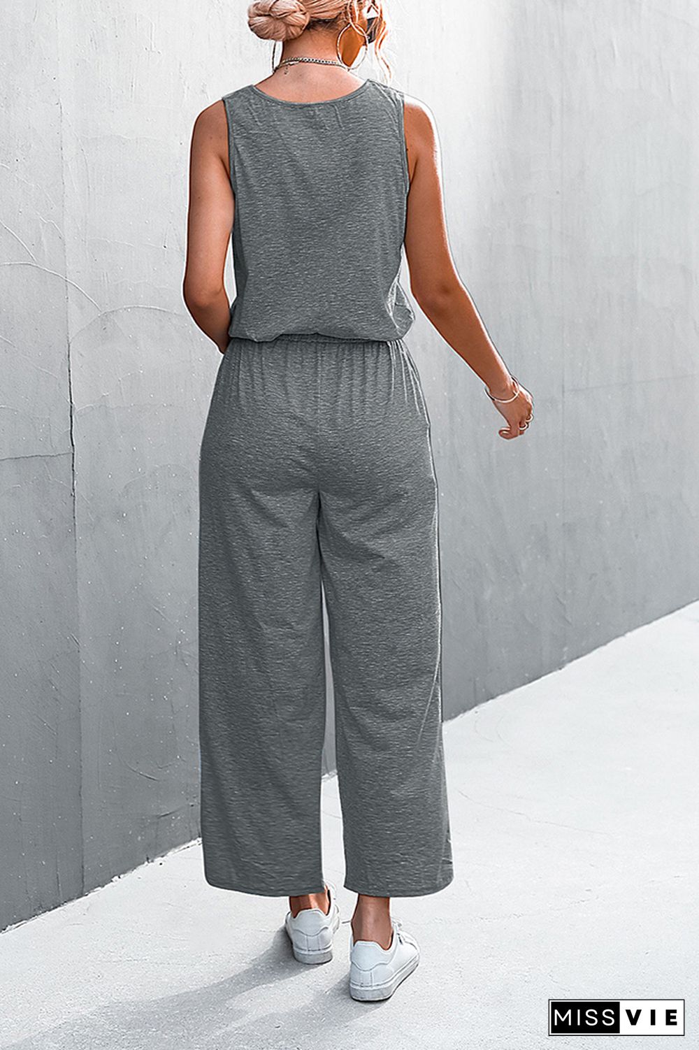 Solid Sleeveless Drawstring Waist Jumpsuit Wholesale