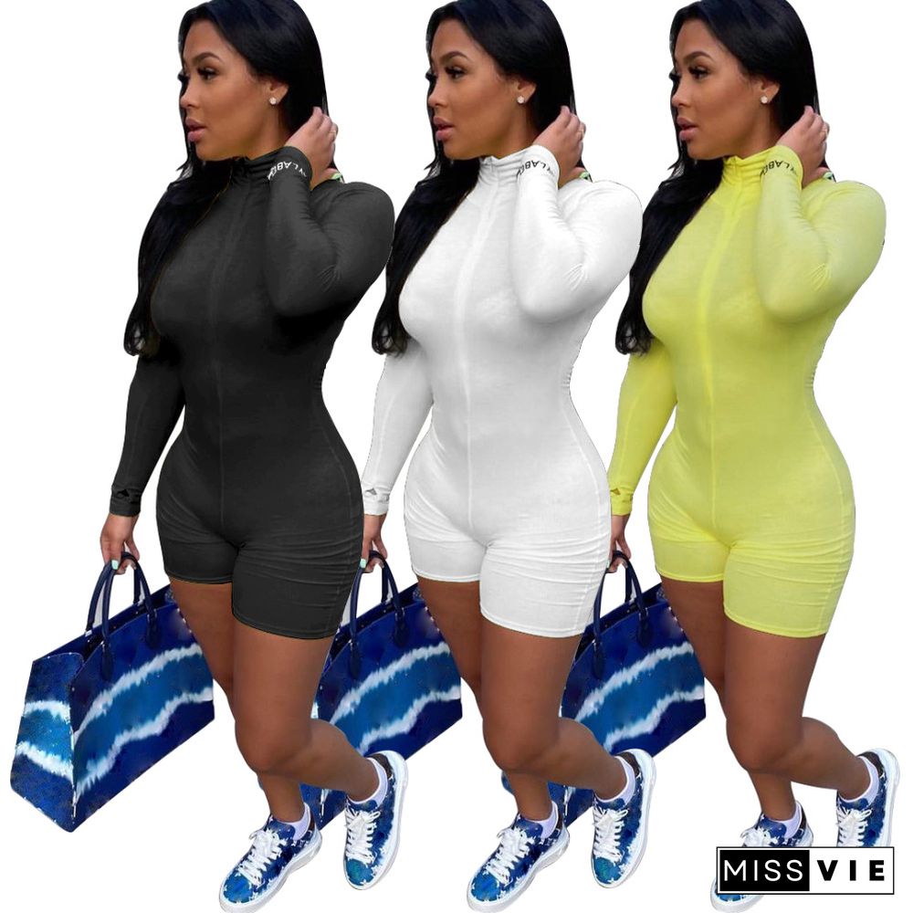 Casual Sportwear Long Sleeve Zipper Letter Embroidery Turtleneck Knit Rib Bodycon Fitness Women Rompers