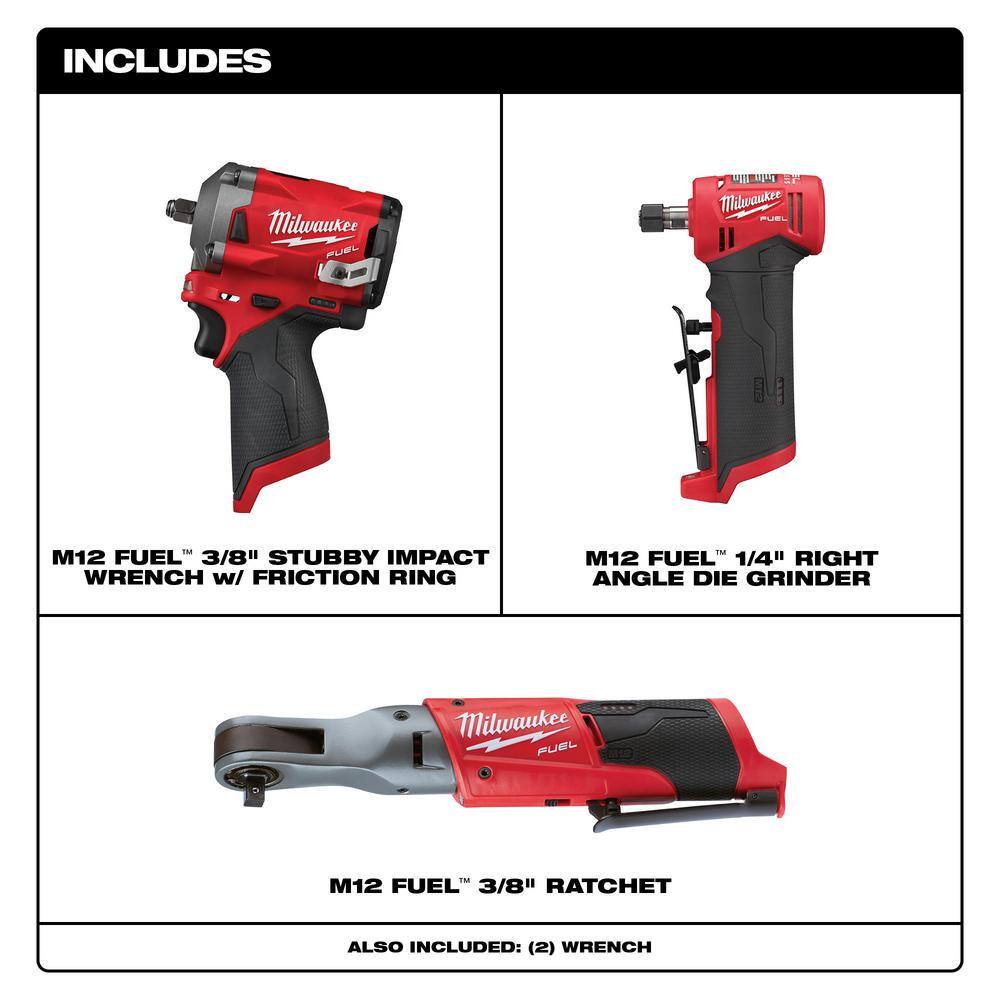 MW M12 FUEL 12V Lithium-Ion Brushless Cordless Stubby 38 in. Impact Wrench  38 in. RatchetDie Grinder (3-Tool) 2554-20-2485-20-2557-20