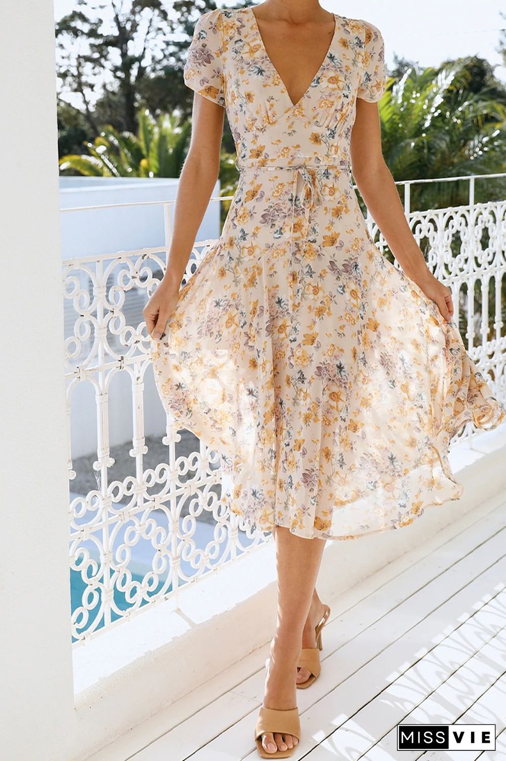 V Neck Short Sleeve Waist Tie Floral Dress