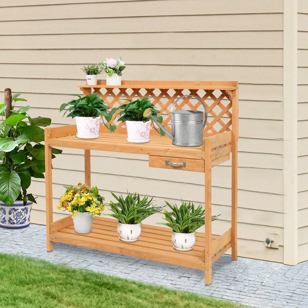 Wooden Potting Bench Table with Drawer 3 Hooks and Storage Shelf, Outdoor Gardening and Planting Tables, Work Station for Backyard Balcony Patio, Garden Workbench with Trellis, Natural Wood