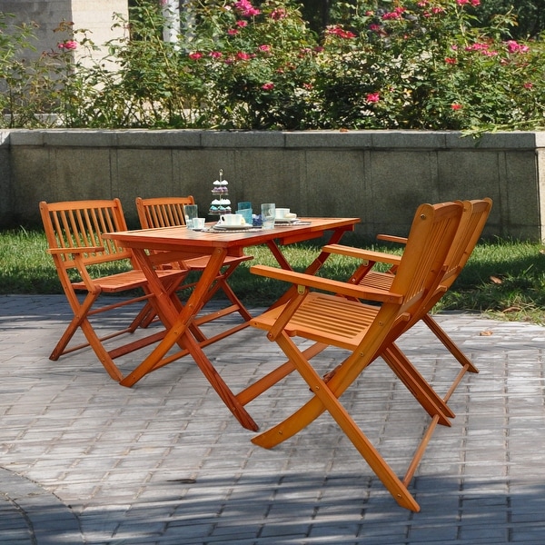 Teak Solid Wood Foldable Patio Dining Set，4 Folding Chairs and 1 Dining Table，Indoor and Outdoor Universal