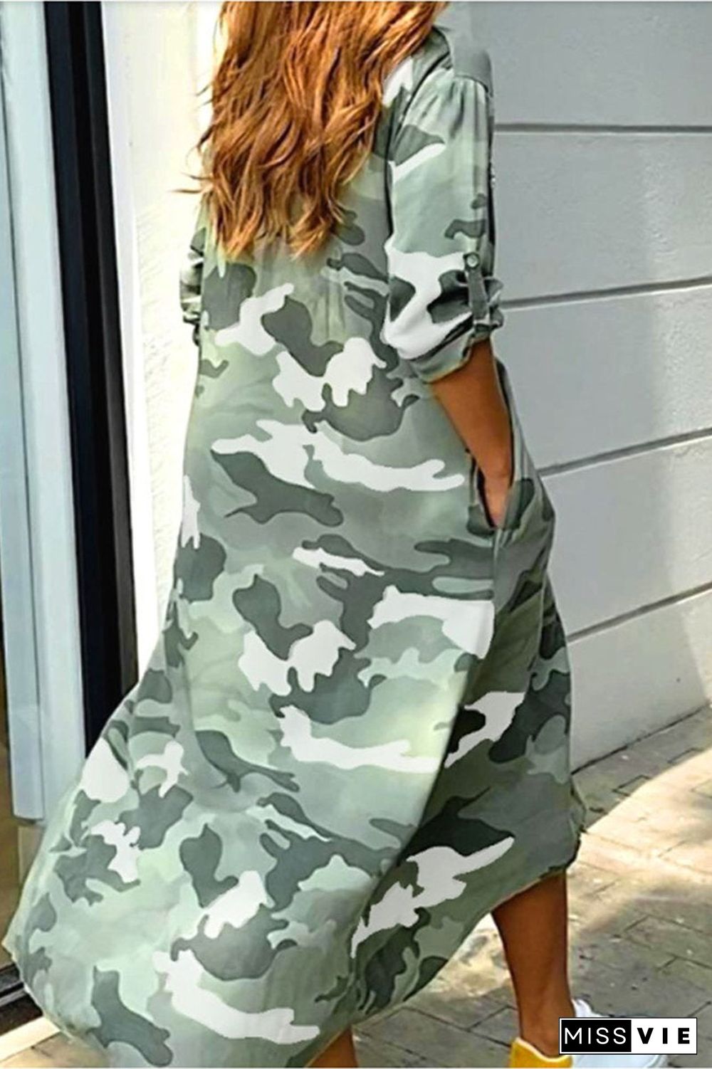 Camouflage Long Sleeve Maxi Shirt Dress