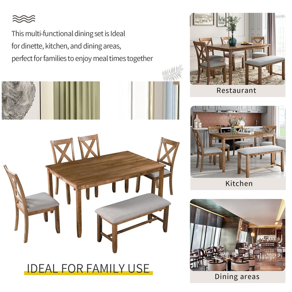 Merax Wooden 6 Piece Kitchen Dining Set with Bench and 4 Dining Chairs