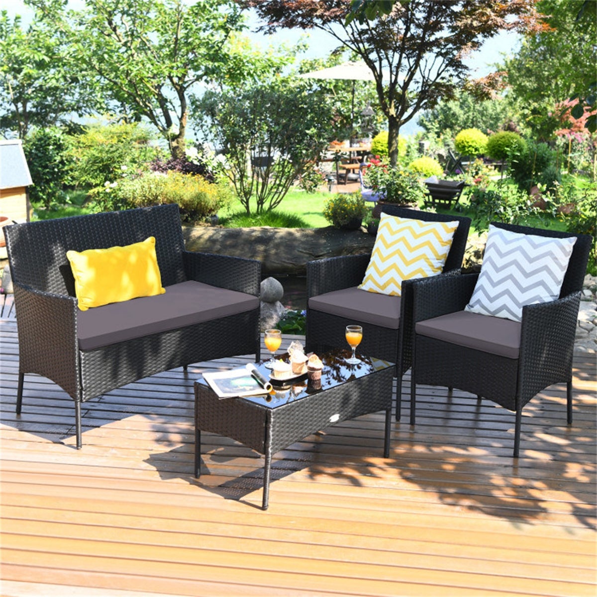 4 Pieces Patio Rattan Cushioned Sofa Set with Tempered Glass Table - Overstock - 37909378