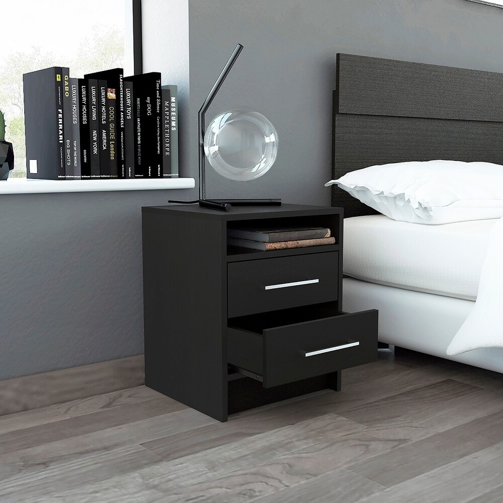 Wooden Nightstand with Two Drawers and Metal Handles
