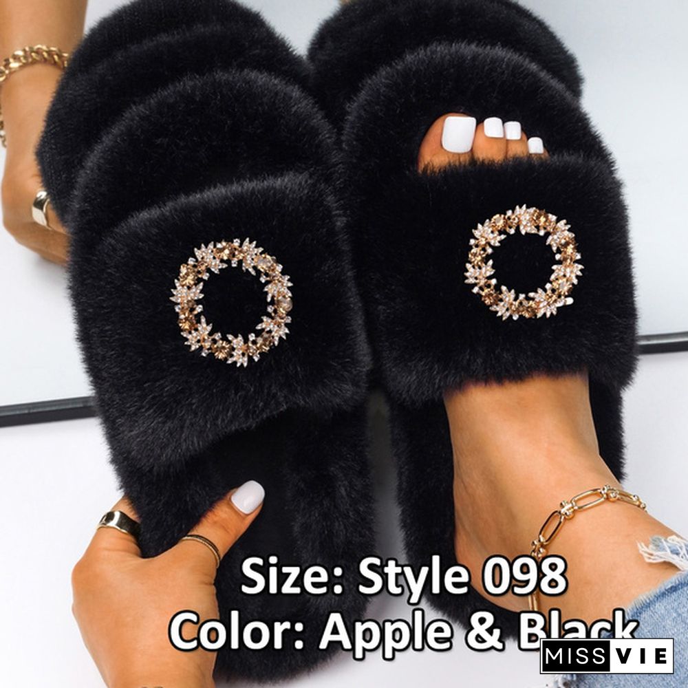 Fluffy Warm Women Home Slippers Fur Rhinestone Crystal Platform Shoes Indoor Flip Flops Female Soft Casual Slides Cotton Fur Slippers