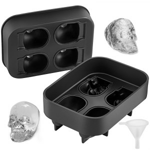 VEVOR Skull Ice Cube Tray， 4-Grid Skull Ice Ball Maker， Flexible Black Silicone Ice Tray with Lid  Funnel， Funny Skull Ice Cubes 1.6