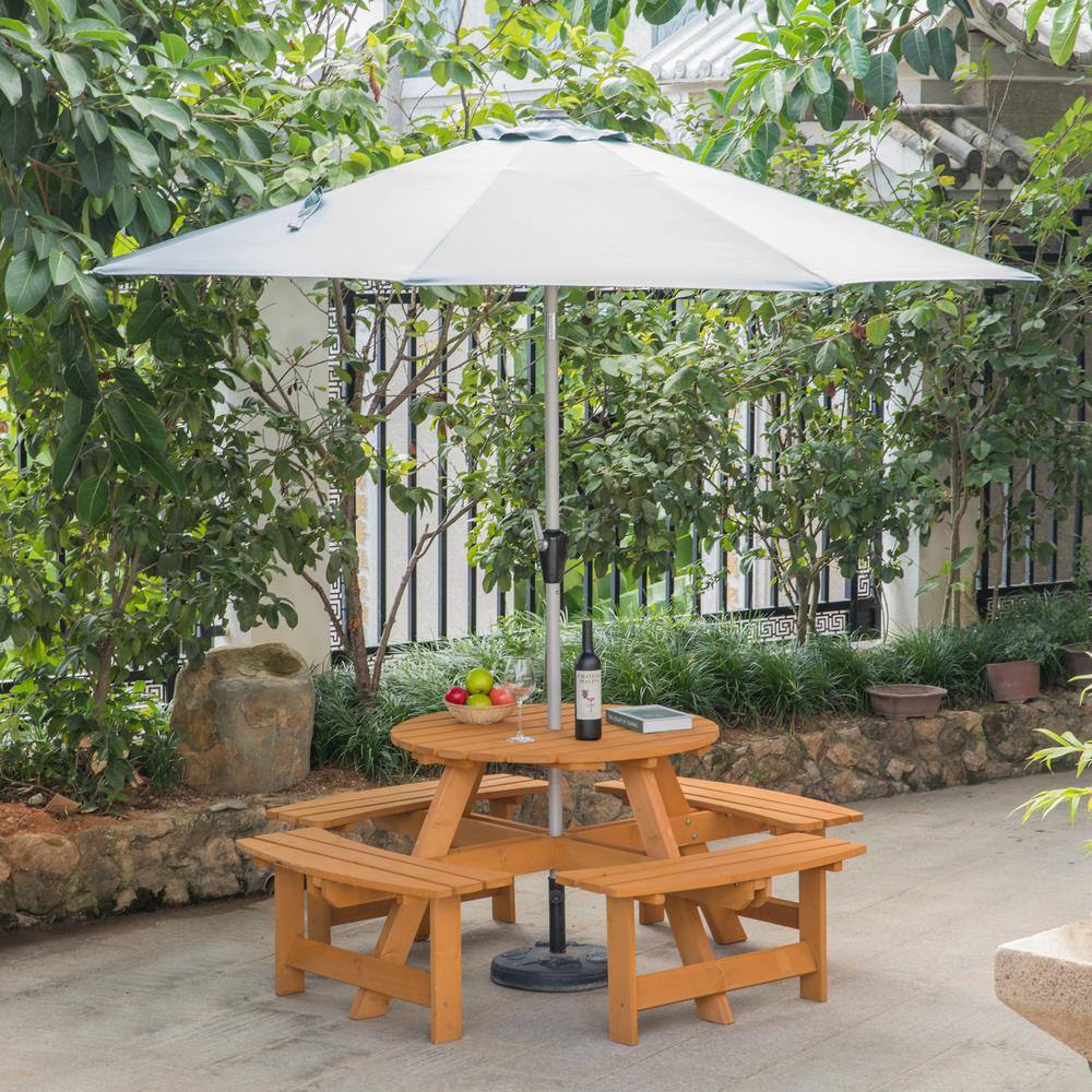 GARDENISED Stained 8-Person Round Wooden Outdoor Patio Garden Picnic Table with Bench QI003903.ST