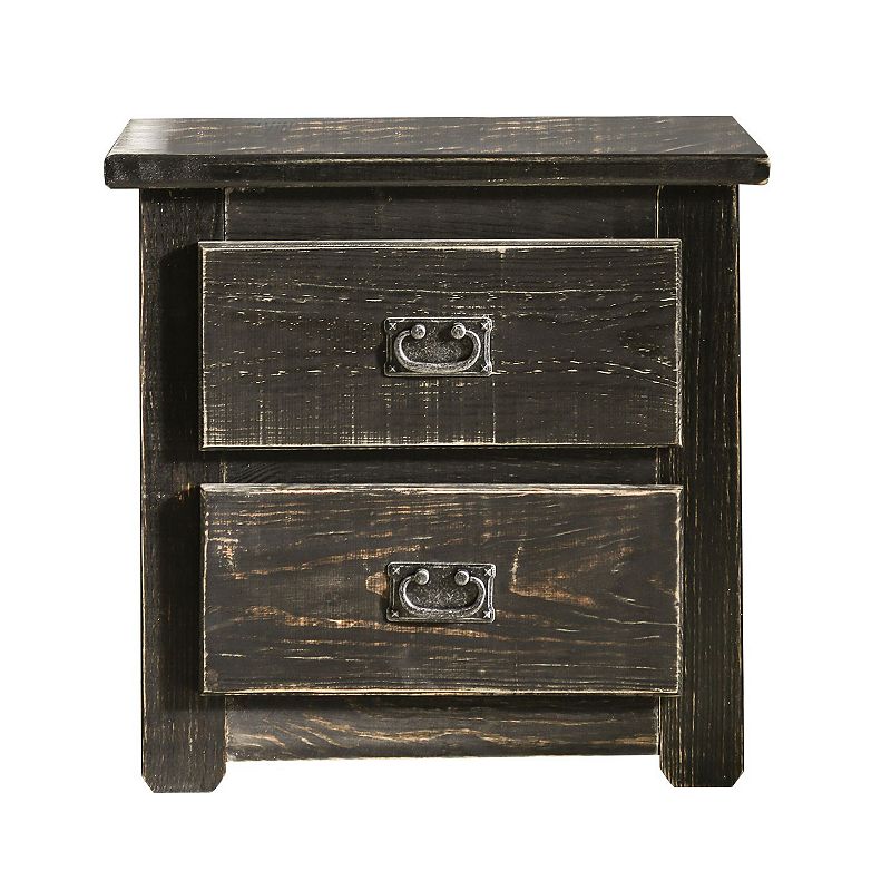 Plank Design 2 Drawer Wooden Nightstand with Bail Pulls， Black