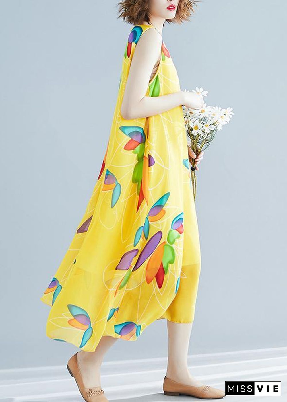 Beautiful yellow print chiffon Robes Korea Tutorials o neck false two pieces long Summer Dress