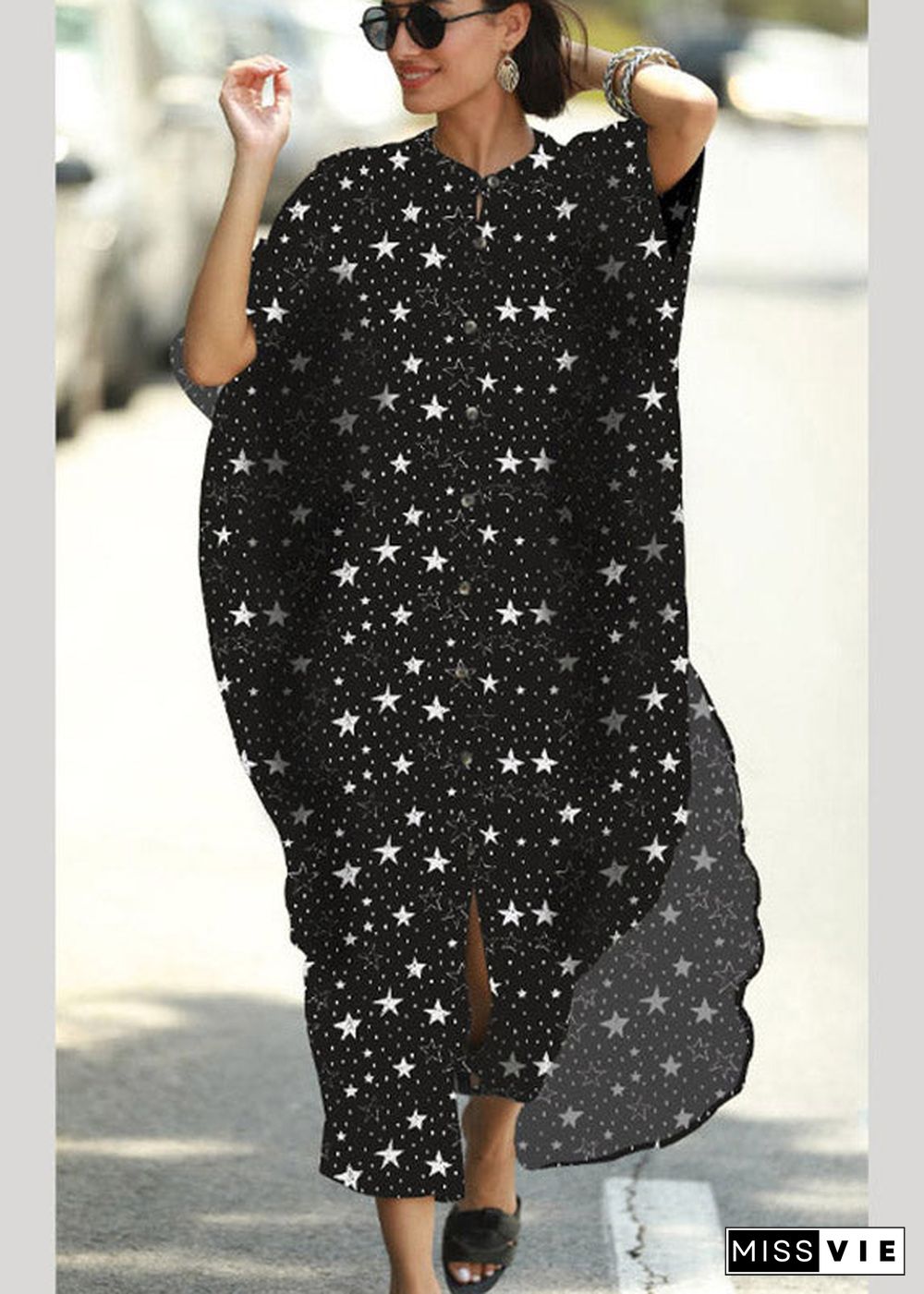 Italian Black Star Print Button Vacation Long Dresses Short Sleeve