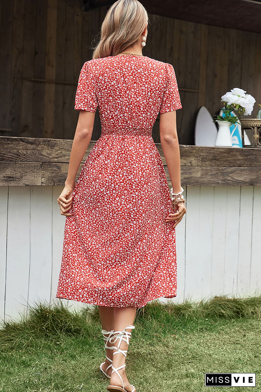 V Neck Red Floral Buttoned Midi Dress