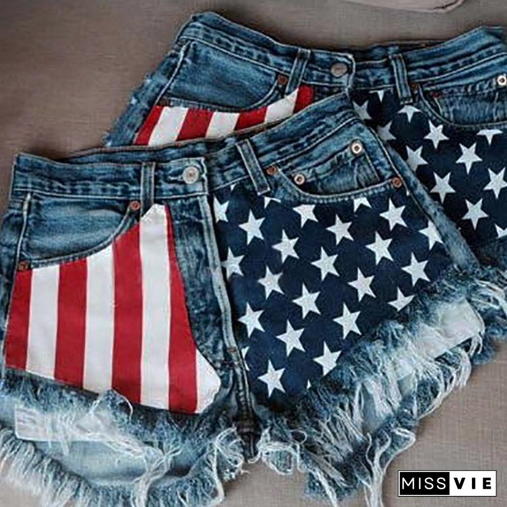 Flag Tassel Star Printed Denim Women's Shorts