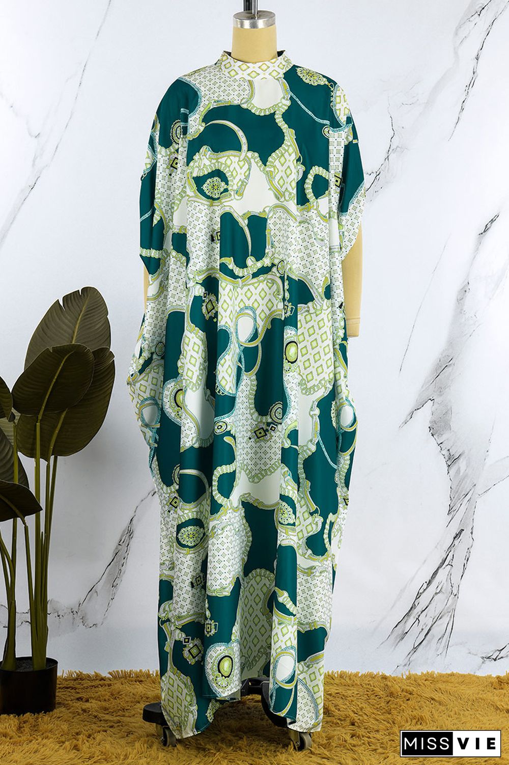 Green Casual Print Patchwork Half A Turtleneck Long Dress Dresses