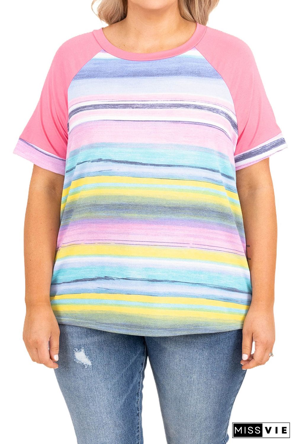 Multicolor Striped Plus Size Raglan Sleeve Top