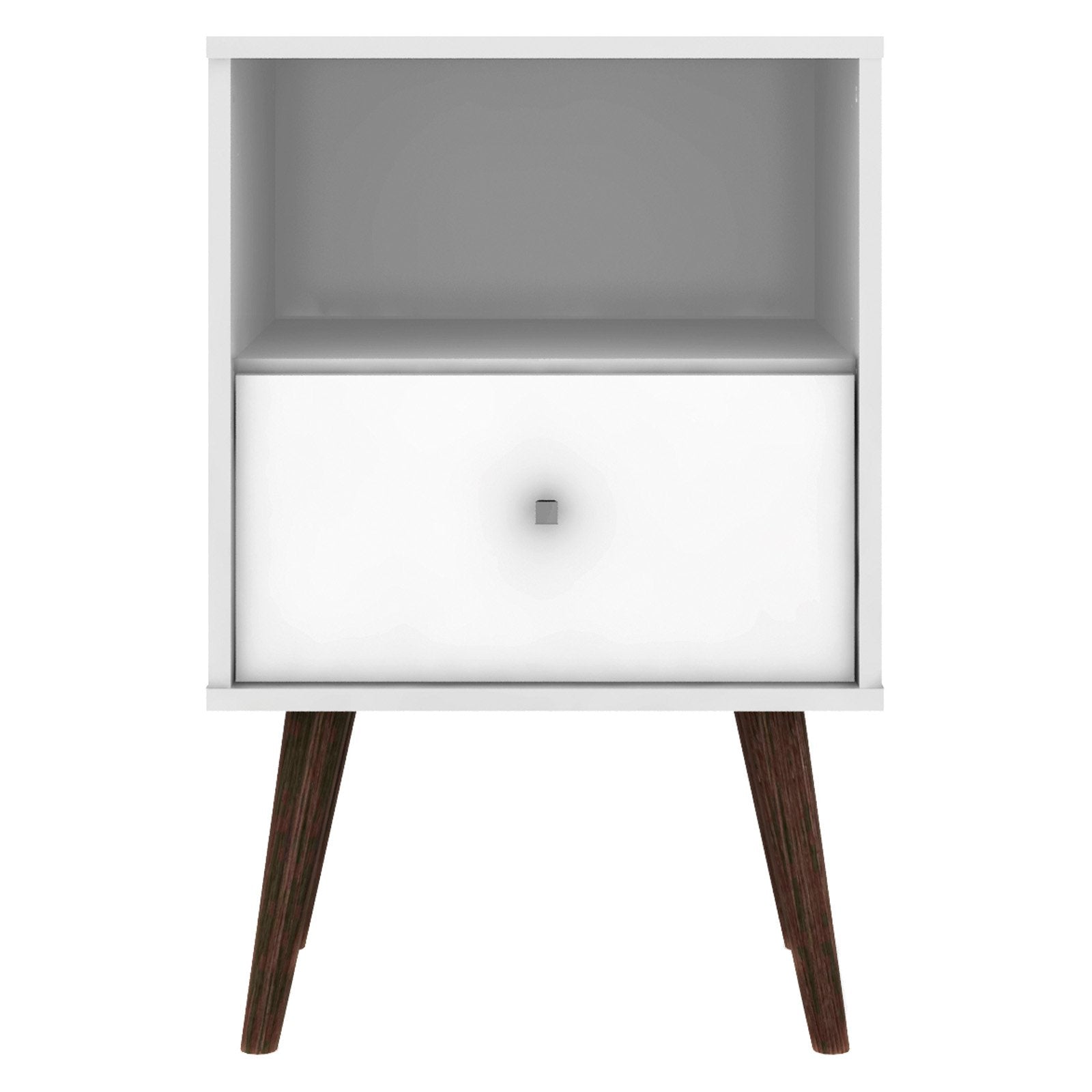 Manhattan Comfort Liberty Mid Century - Modern Nightstand 1.0 with 1 Cubby Space and 1 Drawer in White and Rustic Brown with Solid Wood Legs