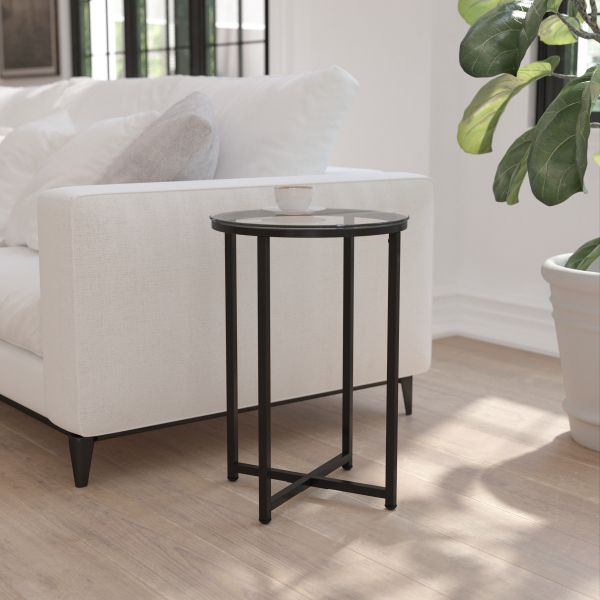 Greenwich Collection End Table - Modern Clear Glass Accent Table with Crisscross Matte Black Frame