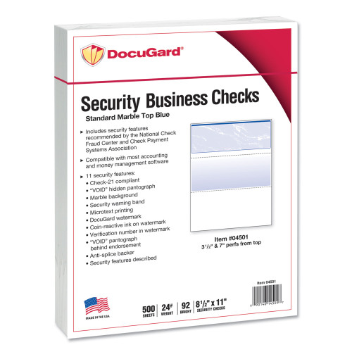 DocuGard Security Business Checks， 11 Features， 8.5 x 11， Blue Marble Top， 500/Ream (04501)