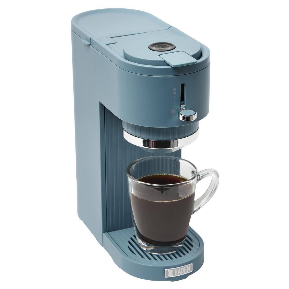 HADEN 1-Cup Single-Serve Sky BlueChrome Coffee Maker with Attachments for Single-Serve Pods and Ground Coffee 75110