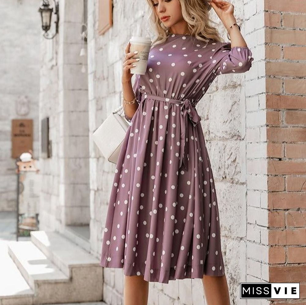 Elegant A-line polka dot women dress autumn Office lady o-neck belt women midi dresses Half sleeve female purple vestido