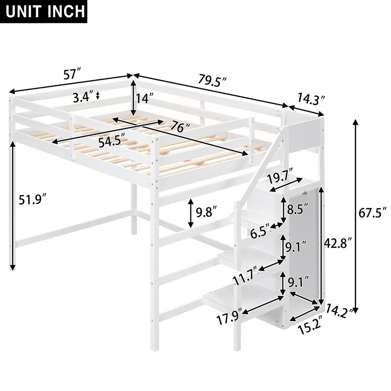 Modern Wooden Full Size Loft Bed with Built in Storage Wardrobe and Staircase