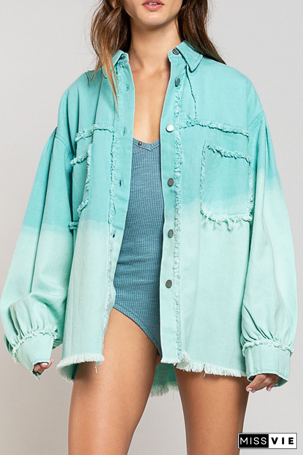 Gradient Color Pocket Tassel Open Button Denim Jackets