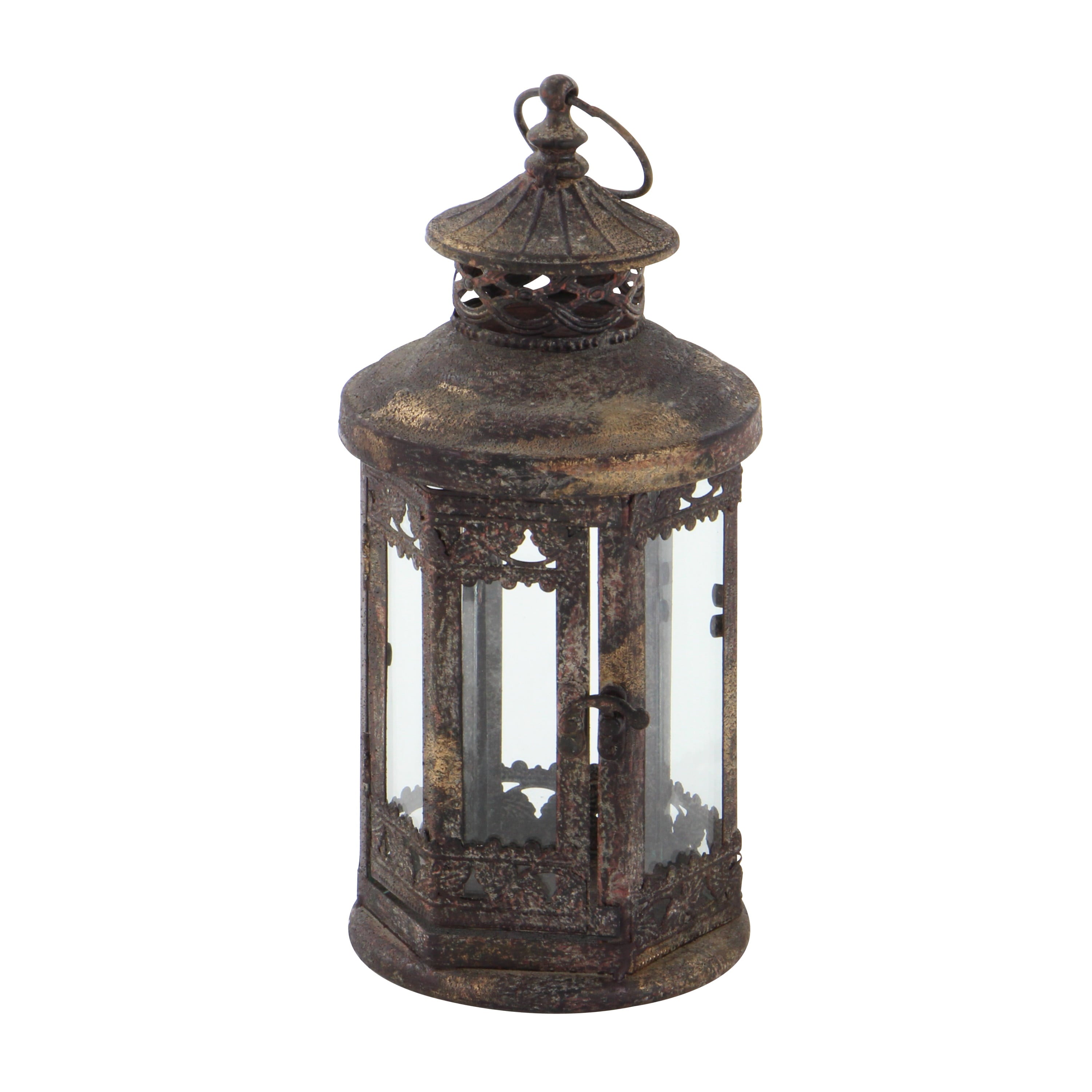 DecMode Brown Metal Candle Lantern with Intricate Scroll Work