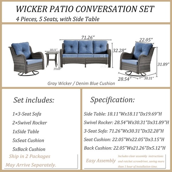 5 Seat Wicker Patio Furniture Conversation Setting with High Back Swivel Rocking Chairs，Cushions Included 🎃