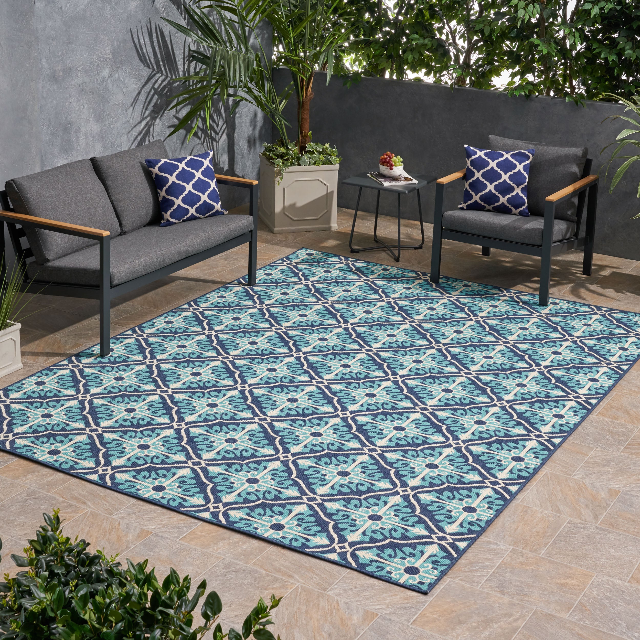 Jamia Outdoor Trellis Area Rug, Navy and Blue