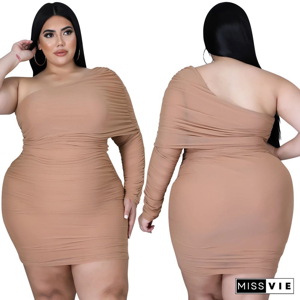 Plus Size Mesh Solid Single Sleeve Bodycon Dress