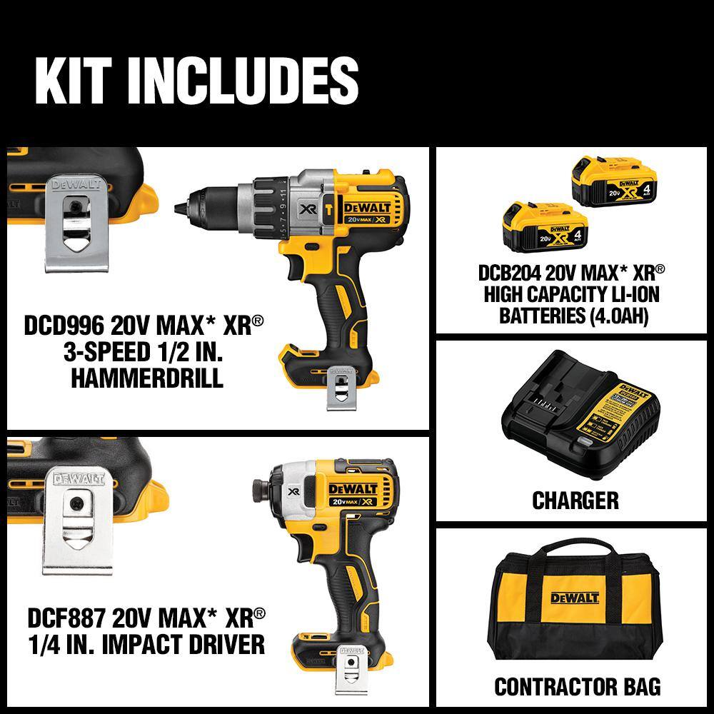 DW 20V MAX XR Cordless Brushless Hammer DrillImpact 2 Tool Combo Kit with (2) 20V 4.0Ah Batteries and Charger DCK299M2