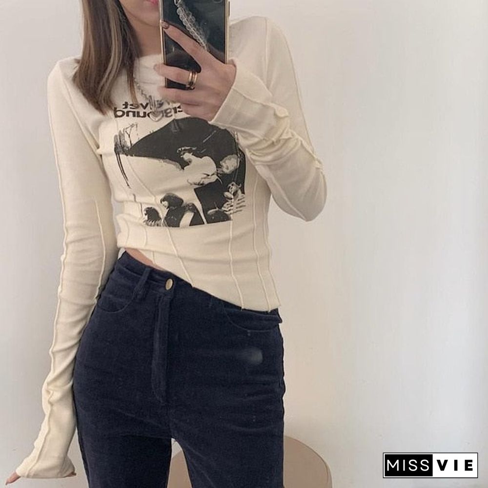 Yedinas Casual Slim T-shirt For Women O Neck Long Sleeve Sexy Crop Top Grunge Letters Print Female Korean Fashion Clothing