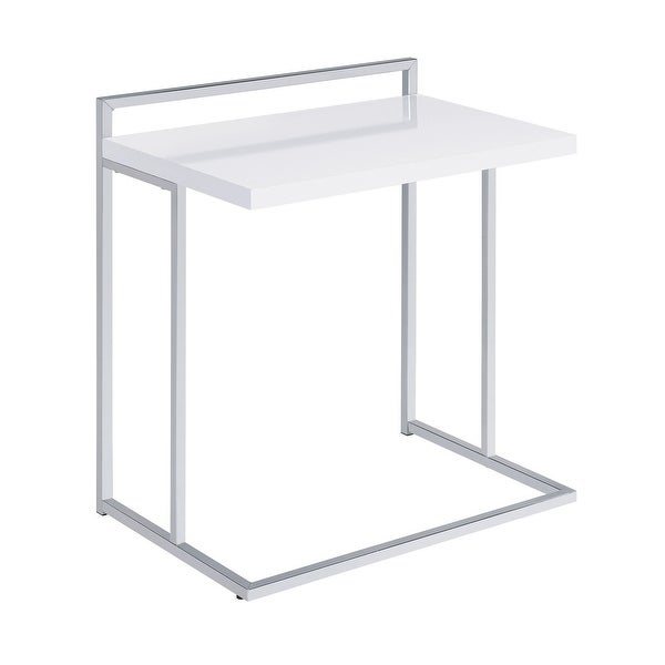 Dey 27 Inch Modern C Side Table， Gloss White Wood Top， Chrome Metal Base