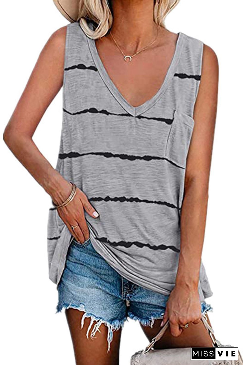 Gray V-Neck Striped Tank Top