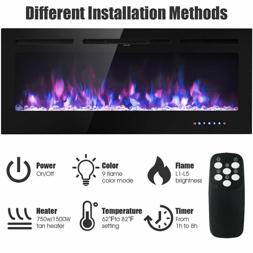 Gymax 50 in. Electric Fireplace Recessed and Wall Mounted 750-Watt1500-Watt with Multicolor Flame GYM03652