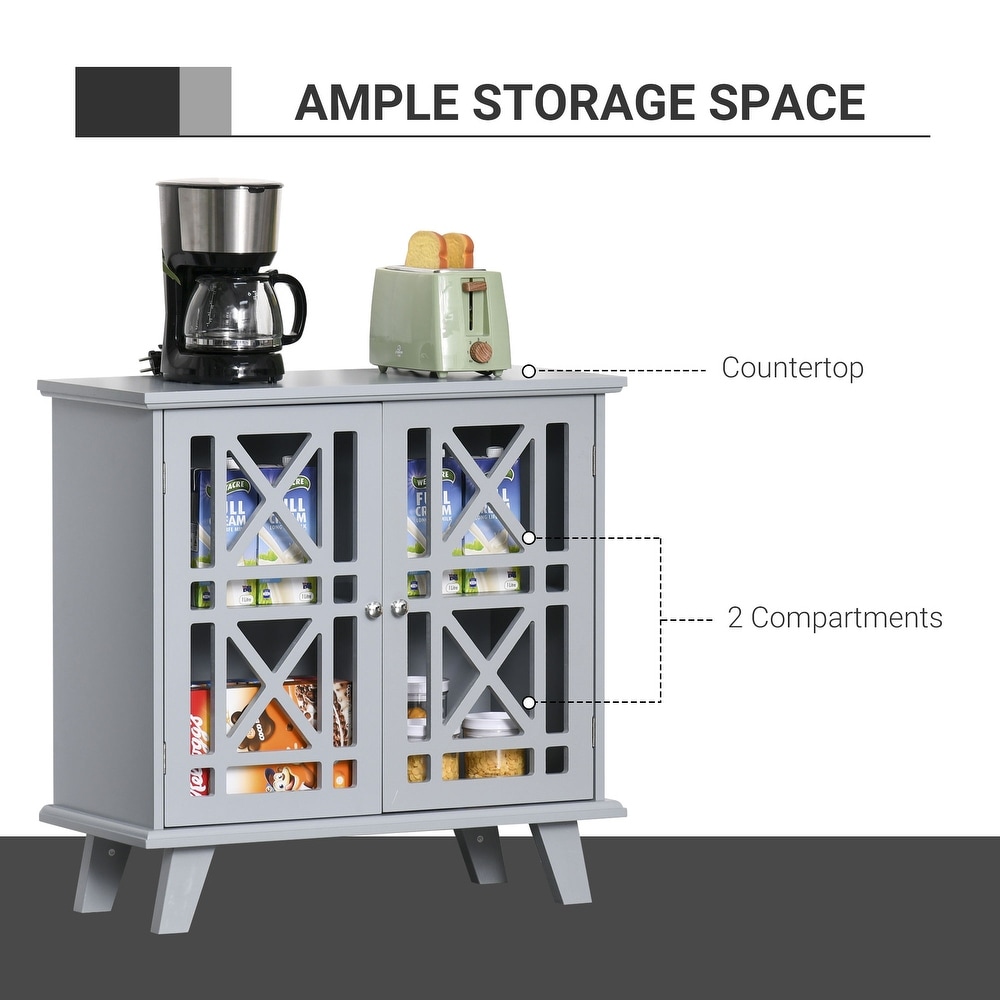 HOMCOM Accent Storage Cabinet Sideboard Serving Buffet Console with Fretwork Doors and Elevated Base  Grey   31\